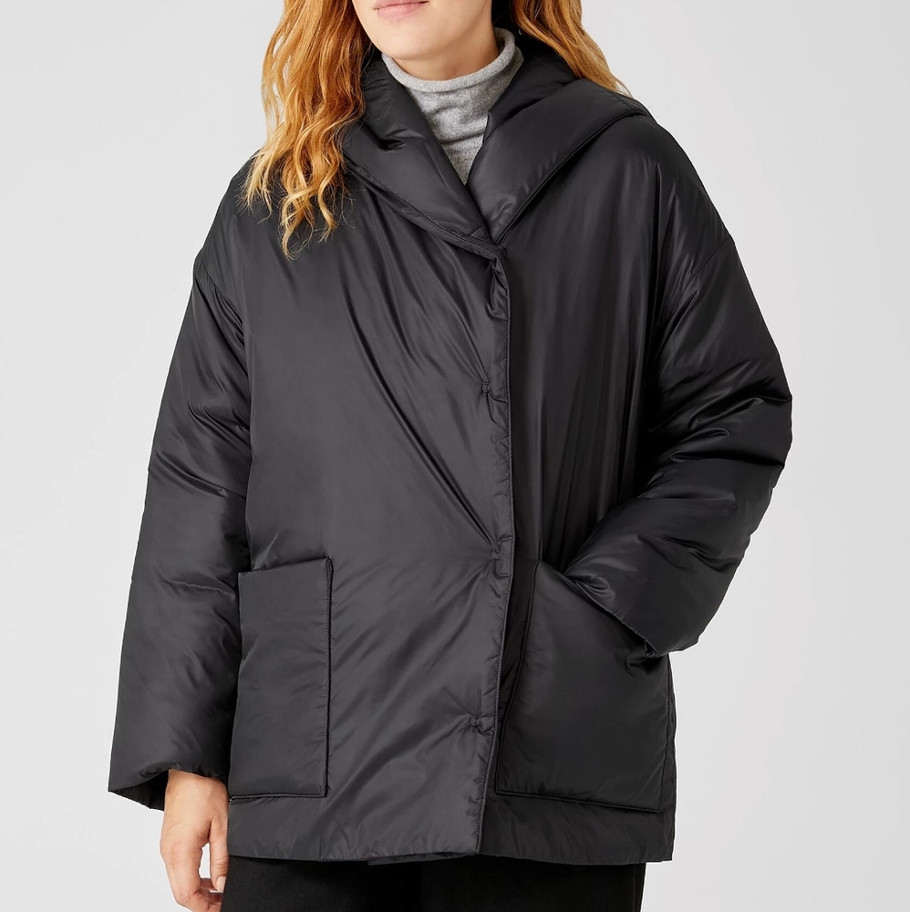 Eileen Fisher Size Large Eggshell Recycled Nylon Hooded Coat